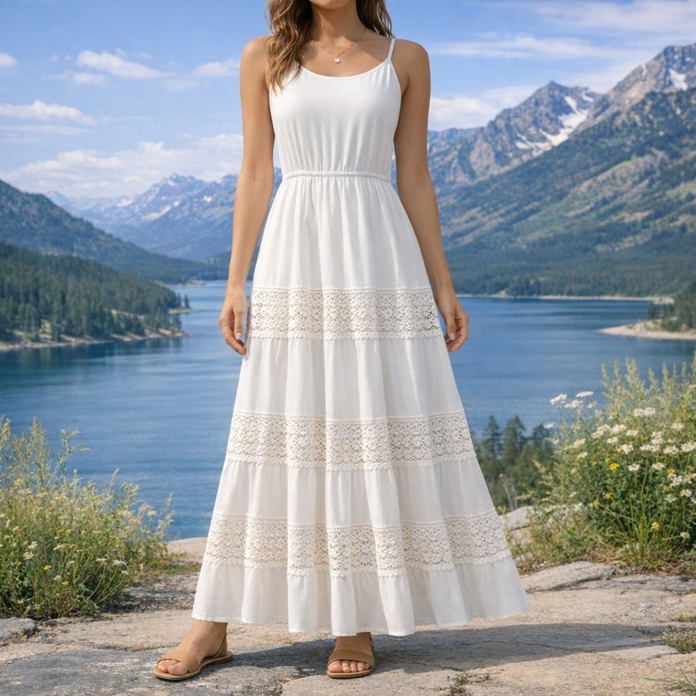 Naf Naf Womans S Maxi White‎ Crochet Cotton Dress Spaghetti Straps Feminine